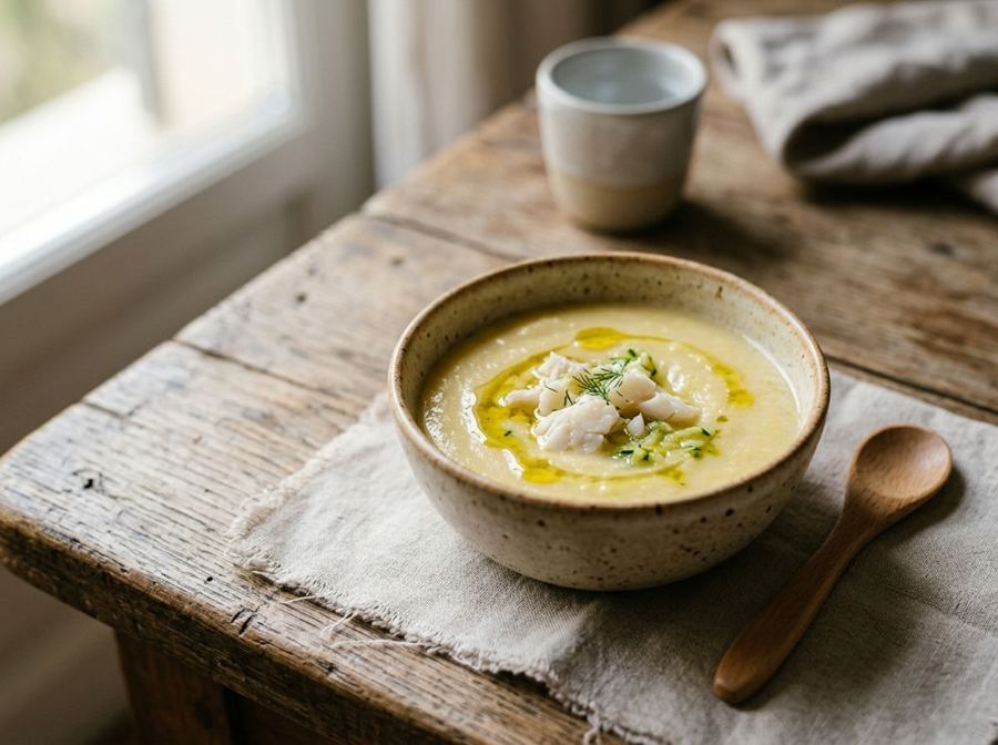 Crema di mais e tapioca con merluzzo