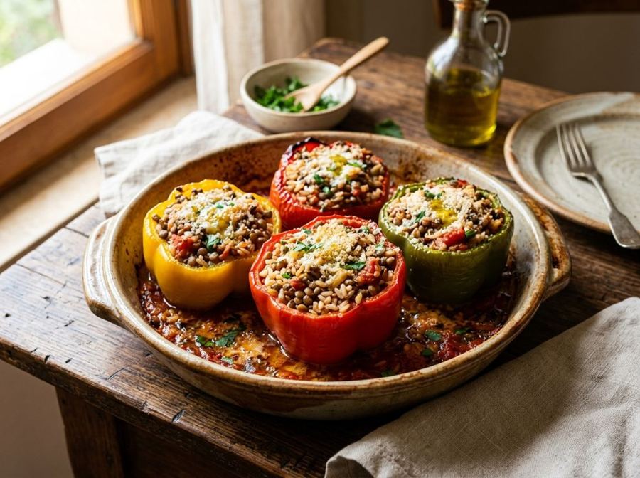 Peperoni ripieni di riso e lenticchie