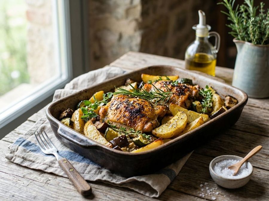 Pollo al forno con erbe aromatiche e verdure selezionate