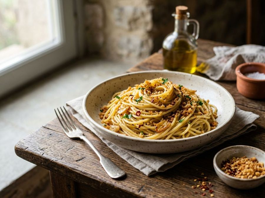 Spaghetti aglio, olio e pangrattato tostato