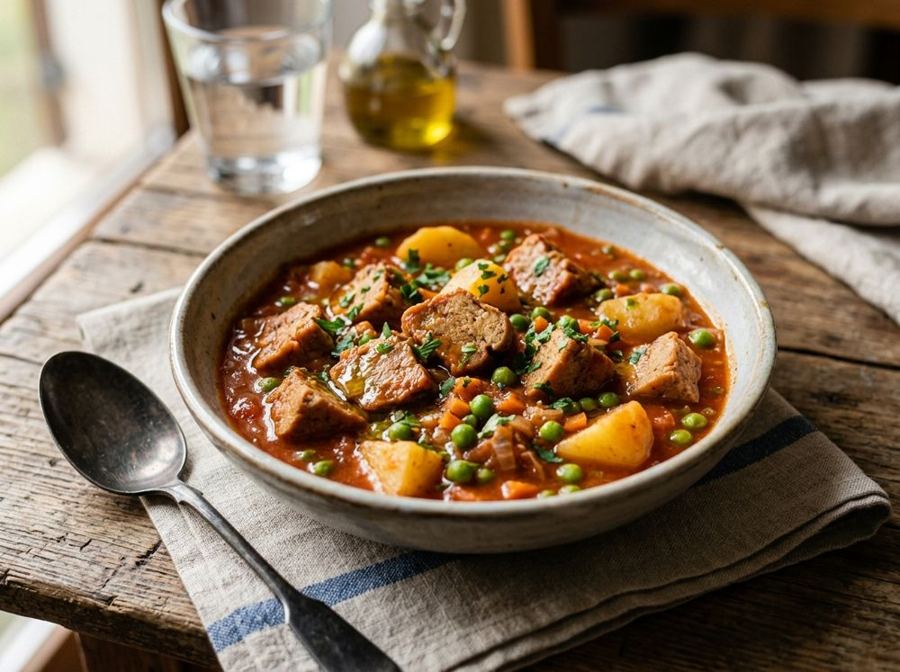Spezzatino di seitan con patate e piselli